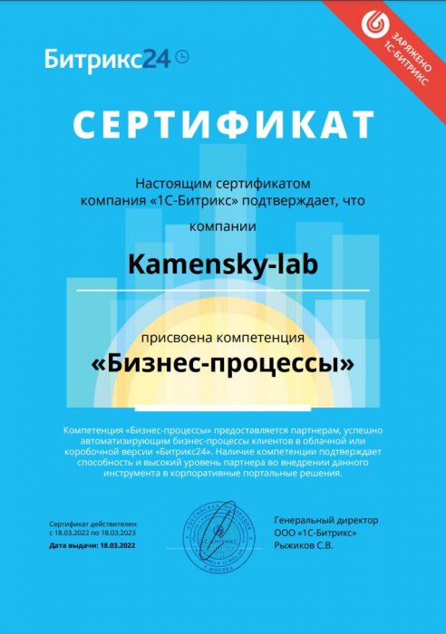 Сертификат "Компетенция Бизнес-процессы" Битрикс24